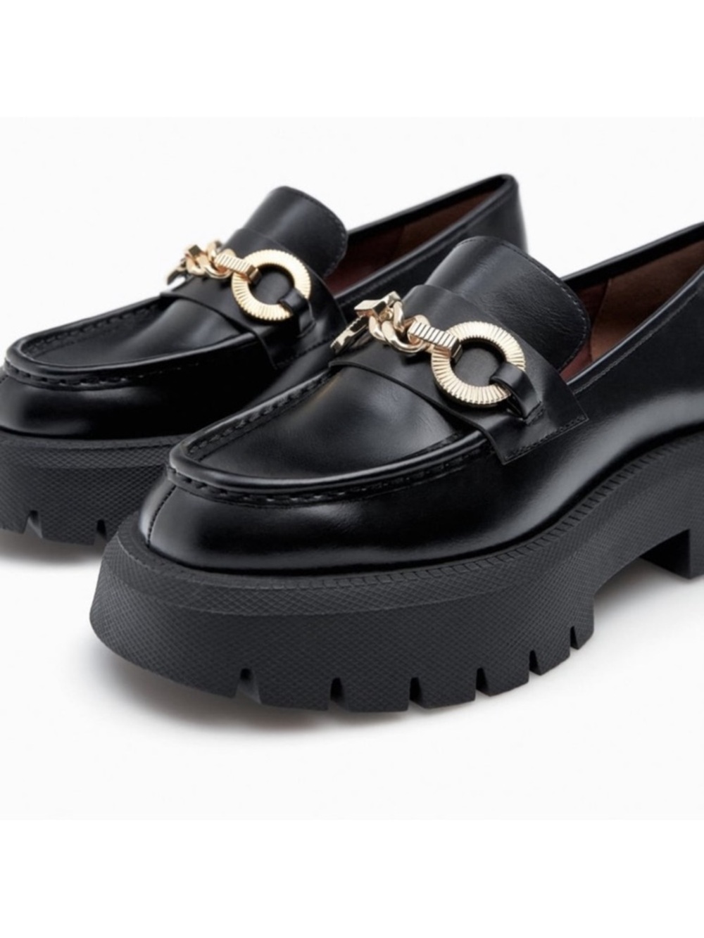 Zara Black Leather Chunky Loafers with Gold Chain Detail